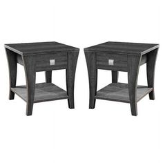 a pair of side tables with one drawer open and the other closed on both sides