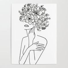 a black and white drawing of a woman with flowers on her head