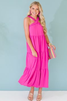 Candace Maxi, Hot Pink Pink Summer Halter Dress For A Day Out, Spring Vacation Halter Dress With Tiered Design, Spring Tiered Halter Dress For Vacation, Pink Spring Halter Dress For The Beach, Pink Halter Dress For Summer Beach, Tiered Halter Dress For Beach, Tiered Halter Dress For Vacation, Trendy Strappy Beach Dress, Spring Beach Halter Dress With Strappy Design