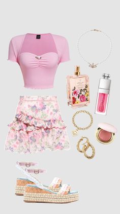 a woman's outfit and accessories including shoes, necklaces, lipstick, perfume bottle and bracelet