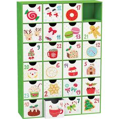 a green and white christmas themed wooden calendar with numbers on it's front side