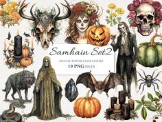 a collection of halloween themed items including pumpkins, skulls and other decorations with the words sanhan set 2