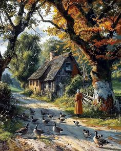 a painting of a woman standing in front of a house with ducks on the road