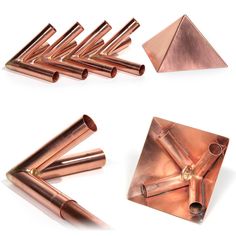 several pieces of copper are arranged in the shape of pyramids and triangles on a white background