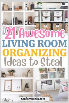 an organized living room with lots of storage and organization ideas to steal for the home