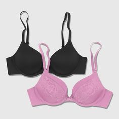 OUR BEST BRAS COME IN PAIRS When you find a bra just right for wearing every day, you're going to want more than one. This push-up bra 2-pack includes a classic tailored push-up bra as well as one with beautiful lace accents for a flirty touch. Both bras feature a supportive underwire and a sweetheart neckline that plays well with all your tops. Fully adjustable straps customize the fit while a hook and eye back closure does the rest in a bra that is an everyday solution for every body. Maidenfo Best Bras, Black Ice, Bra Cups, Underwire Bra, Push Up Bra, Sweetheart Neckline, Low Cut, Body Shapes, 2 Pack