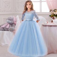 Girl's Clothing Light blue / 13 Long Casual Summer Dress Elegant Blue Princess Dress With Lace Bodice, Elegant Blue Dress For Confirmation, Blue Princess Dress With Lace Bodice For Wedding, Blue Lace Bodice Princess Dress For Wedding, Spring Confirmation Gown Made Of Tulle, Spring Confirmation Gown In Tulle, Spring Tulle Gown For Confirmation, Blue Tulle Princess Dress With Long Sleeves, Blue Long Sleeve Tulle Princess Dress