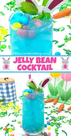 an image of jelly bean cocktail in a glass with bunny ears on the top and carrots