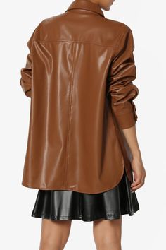 Layer up in the coated finish faux leather shirt. This outer layer can be worn open or buttoned up for extra warmth. Reaching mid-thigh and with long sleeves, you'll be effortlessly stylish every time. Wear with a crop top and denim pants, or leather bottom.Casually-cool vibe of a shirt jacket designed with an easy-to-layer snap buttoned frontPoint collar, Flap chest pockets, Curved hemLong sleeves with button cuffs, Oversized fitFits true to US size, S=Size(4-6), M=Size(8-10), L=Size(12-14), XL Leather Shirt Jacket, Faux Leather Shirt, Button Down Jacket, Free Fashion, Leather Shirt, Faux Leather Jacket, Roll Up Sleeves, Jacket Design, Boyfriend Fit