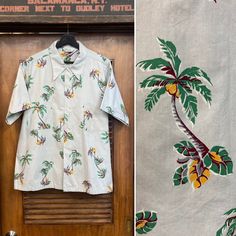 Vintage 1940's Size L Atomic Palm Tree Loop Collar Cotton Tiki Hawaiian Shirt. Tag Size L. Please check the measurements below.  Very good condition. The label is  "Terrace Club Sportswear".  Original 1940's.  Loop collar Hawaiian shirt with palm tree pattern.   All Sales Final.   Please ask any questions before purchase.   Take a look at our Store for more Vintage Clothing - VintageOnHollywood.   MEASUREMENTS  Shoulder to Shoulder: 20" Underarm to Underarm: 24 3/4" Outer Sleeve Length (shoulder Vintage Print Camp Collar Hawaiian Shirt, Vintage Tropical Print Camp Shirt, Vintage Hawaiian Shirt For Beach, Relaxed Fit, Tiki Hawaii, Hawaiian Button-up Top With Palm Tree Print, Palm Tree Pattern, Shirt Tag, Button-up Hawaiian Shirt With Palm Tree Print For Beach, Tree Pattern