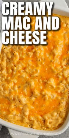 homemade macaroni and cheese in a casserole dish with text overlay