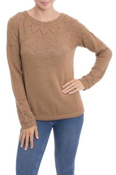 Enjoy the soft touch of baby alpaca wool when you pull on this cozy sweater from Peru. By Marleny Quijahuaman the sweater comes in a warm camel color. Triangular pointelle motifs are added to the bodice and sleeves of the lovely garment. Winter Alpaca Soft Knit Sweater, Fall Textured Knit Alpaca Sweater, Brown Knitted Cashmere Sweater, Cashmere Pointelle Knit Sweater For Fall, Brown Cashmere Knitted Sweater, Long Sleeve Merino Wool Sweater In Pointelle Knit, Long Sleeve Merino Wool Sweater With Pointelle Knit, Long Sleeve Merino Wool Pointelle Sweater, Casual Alpaca Textured Knit Sweater