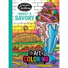 the art of coloring book with an image of a sandwich and ice cream on it