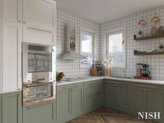 an image of a kitchen setting with green cabinets