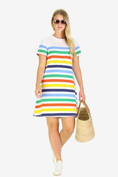 The Nadine Dress is a staple t-shirt dress! This versatile piece is perfect for transitioning between seasons and to last all summer long! FAVORITE FEATURES: T-Shirt dress 100% classic Peruvian cotton Relaxed A-line fit Spring Vacation Dresses With Crew Neck, Summer Daywear Crew Neck Dresses, Casual Crew Neck Dress For Vacation, Striped Crew Neck Dresses For Spring, Crew Neck Dress For A Spring Day Out, Crew Neck Dress For Spring Day Out, Summer Crew Neck Dress, Knee-length Cotton T-shirt Dress For Summer, Summer Day Out Crew Neck Dress