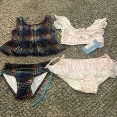 Black Gingham Excellent Used Condition . Like New / No Piling . Pink Stripes New With Tags Playful Beach Sets With Ruffles, Pink Summer Swimming Sets, Pink Summer Swimming Set, Pink Swimming Sets For Beachwear, Pink Beachwear Sets For Swimming, Pink Summer Swimwear Sets, Pink Fitted Beach Sets, Playful Ruffled Beach Sets, Fitted Beachwear Playwear Set