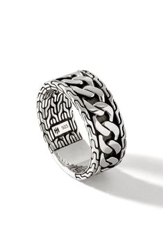 This sterling silver band ring is handcrafted with signature chain-link engraving. Sterling silver Imported Odd Jewelry, John Hardy Jewelry, Sterling Silver Rings Bands, John Hardy, Creating Jewelry, Silver Band Ring, Size 10 Rings, Sterling Silver Bands, Chains For Men