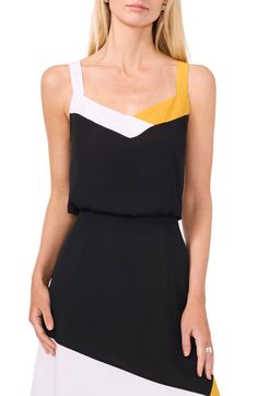 A bold colorblocked design lends eye-catching appeal to this breezy georgette tank. 22 1/2" length (size Medium) V-neck 100% polyester Machine wash, tumble dry Imported Black Color Block Tank Top For Summer, Black Sleeveless Color Block Tank Top, Yellow Color Block Sleeveless Top, Summer Workwear Color Block Tops, Color Blocking, Top Blouse, Nordstrom, Womens Tops, Size Medium