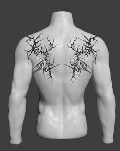 the back view of a male mannequin's torso with branches on it