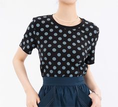 Details: Type: Women Retro T-Shirt Material: Cotton Sleeve Length: Short Sleeves Pattern: Polka Dot Color:Beige, Gray, Coffee, Black, Navy Blue Style: Casual Size: Size Bust Shoulder Length Sleeve cm inch cm inch cm inch cm inch M 92 36.22 37 14.57 57.5 22.64 18 7.09 L 96 37.80 38 14.96 59 23.23 18.5 7.28 XL 100 39.37 39 15.35 60.5 23.82 19 7.48 2XL 104 40.94 40 15.75 62 24.41 19.5 7.68 3XL 108 42.52 41 16.14 63.5 25.00 20 7.87 Summer Polka Dot Crew Neck Top, Polka Dot Short Sleeve T-shirt For Spring, Navy Blue Style, Polka Dot Shorts, Coffee Black, Retro T Shirt, Short Sleeve Pattern, Vest Shirt, Blue Style