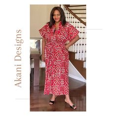 Take your style to another level with this beautiful African Print Kimono.  This flowy kimono can be dressed up or worn casually with jeans or leggings.  It can also be worn as a swimsuit cover up.  Made with 100% African wax cotton   Loose fitting with side pockets  52 inches long with short sleeves  Comes in one size that can accommodate s-xxl Please note that print size may vary  Wash by hand or machine wash with delicates  Hang to dry  Iron on low setting Casual Red V-neck Kimono, Casual Red V-neck Kaftan, Casual V-neck Relaxed Fit Kaftan, Casual Red Printed Kaftan, Casual Fitted Tunic Maxi Dress, Red Casual Summer Kaftan, Casual Red Summer Kaftan, Casual Spring Kaftan With Kimono Sleeves, Casual Short Sleeve Printed Kimono