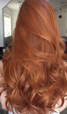 the back of a woman's head with long, wavy hair in red tones