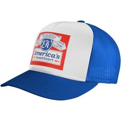 Blue Trucker Style Mesh Cap/Beer Label Logo Blue Trucker Baseball Cap With Visor, Blue Trucker Style Baseball Cap With Visor, Blue Summer Sports Event Hats, Retro Blue Trucker Hat For Beach, Retro Blue Baseball Cap For Sports, Blue Retro Baseball Cap For Sports, Retro Blue Snapback Hat For Sports Events, Vintage Blue Baseball Cap For Summer, Retro Blue Baseball Hat