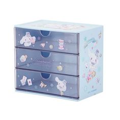 two drawers with cartoon characters on them in blue and pink colors, one is open to show the contents