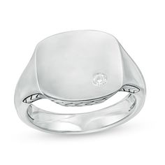 As sophisticated as he is, this signet ring from Vera Wang Men is perfect for everyday wear. Crafted in sterling silver, this resplendent choice features an off-centered bezel-set shimmering 1/20 ct. diamond solitaire along the rectangular top. Chevron etchings on the outside edges complete the look. The Vera Wang Men inscription along the inside of the shank assures an authentic, masterful design. Buffed to a brilliant luster, this style appeals to his exceptional taste. This ring is available Tiffany Rings, Diamond Signet Ring, Peoples Jewellers, Bezel Set Diamond, Size 10 Rings, Vera Wang, Diamond Clarity, Diamond Stone, Signet Ring