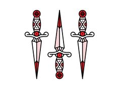 two swords with red and white designs on them, one is black and the other is red