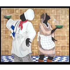 two black people standing in front of a tiled wall with plates on their hands and one wearing a chef's hat