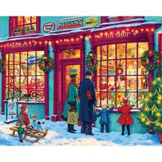 a painting of people standing in front of a store with christmas decorations on the windows