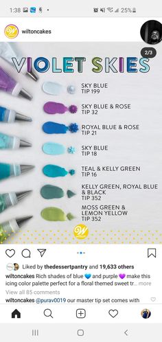 an instagram page with the words violet skies on it and several different colored brushes