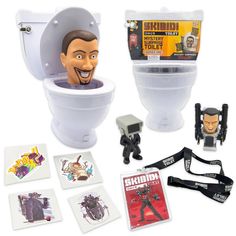 an image of a toilet with stickers and action figures