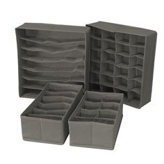 three gray storage boxes with dividers on each side and one open to show the inside