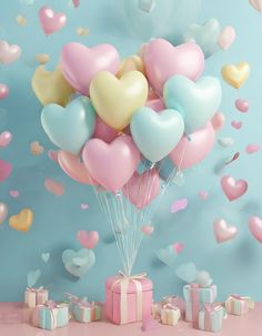 a bunch of heart shaped balloons floating in the air over presents and gifts on a blue background