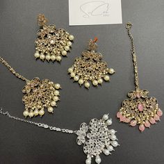 Beautiful New Collection Earring Tikka Set Indian Silver Color Light Pink Color Gold Color High Quality & Beautiful ** For Lower Price Please Message Me On Ig Or Fb ** All Jewelry Is Brand New And Comes From India Follow My Ig/Fb Account (Listed Below) Fixed Price No Bargin- Posh Price & Ig/Fb Price Are Different Get In Contact With Me If You Have Any Questions Follow My Jewelry Account On Ig/Fb For Lower Prices -@Socaljewels My Crafters Account Is On Ig/Fb @Luxegoddesscrafts Fb Account, Indian Rings, Polki Earrings, Western Earrings, Simple Stud Earrings, Indian Jewelry Sets, Indian Earrings, Jhumka Earrings, Light Pink Color