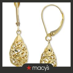 in stock 14k Gold Filigree Dangle Jewelry, Macy's Yellow Gold Drop Earrings, 14k Gold Pierced Jewelry For Evening, Macy's 14k Gold Dangle Earrings, Macy's 14k Gold Dangle Jewelry, Macy's Elegant Yellow Gold Earrings, Macy's Oval Gold Jewelry, Macy's Formal Drop Earrings, Hallmarked Teardrop Jewelry For Evening