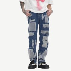 Introducing our trendy hip hop ripped mesh jeans! Made for the fashion-forward individual, these jeans feature strategically placed rips and mesh details, perfect for adding an edgy touch to any outfit. Express your unique style and stand out from the crowd with these one-of-a-kind jeans. Features: -95% Cotton -Mid-Waist -Pleated Design -Premium Denim Fabric -Ripped -Patchwork -Regular fit -Hip Hop style Casual Jeans With Holes For Streetwear, Ripped Cotton Jeans For Streetwear, Hip Hop Ripped Denim Jeans, Hip Hop Style Ripped Denim Jeans, Ripped Urban Jeans For Streetwear, Ripped Jeans For Urban Streetwear, Baggy Ripped Jeans For Streetwear, Cotton Jeans With Holes For Streetwear, Ripped Denim Jeans For Streetwear