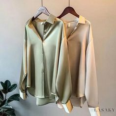 Lasaky - Chic and Luxurious Long-Sleeve Satin Shirt with Retro Design Satin Shirts For Women, Khaki Blouse, Chique Outfit, Satin Bluse, Women Long Sleeve Dress, Vintage Blouse, Satin Shirt, Spring Women, Satin Blouse