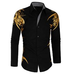 Looking for a shirt that combines classic vintage style with a trendy design? check out our vintage retro floral gold print contrast color slim fit shirt! featuring a beautiful floral gold print contrasted against a bold color, this shirt offers a unique and eye-catching look. the slim fit cut flatters your silhouette, making it suitable for any occasion, from casual outings to formal events. shop now and add a touch of vintage charm to your wardrobe! Dress Shirts For Men, Black And Gold Dress, Streetwear Winter, Street Clothing, Hoodies Men Style, Gold Shirt, Graduation Outfits, Winter Fashion Coats, Shirt Casual Style