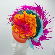 Handmade by Featured Milliner of The Kentucky Derby Museum 2023 & 2024! Showstopper! Beautiful combo of colors on a orange button base. Brilliant, bold & uniquely chic! This piece was featured in the Kentucky Derby museum hat show 2024.  Attaches with headband.  Not taking customs this year--Derby 150 is going to be massive and mom life keeps me running! However, happy to suggest pieces that will coordinate with your outfit. If you don't love the way this attaches to your head--message me!  I ca Head Message, Kentucky Derby Themed Party, Orange Fascinators, Clip Headband, Derby Fashion, Kentucky Derby Fascinator, Derby Fascinator, Head Wear, Kentucky Derby Hat