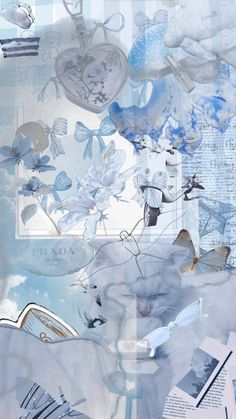 an artistic collage of blue and white images with butterflies, flowers, and hearts