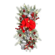 a christmas wreath with red bows and ornaments on it's side, surrounded by pine cones