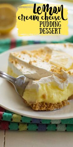 lemon cheese pudding dessert on a plate with a fork