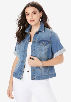 Short-Sleeve Denim Jacket | Roaman's Short Sleeve Denim Jacket, Short Sleeve Denim, Denim Jacket Short, Short Sleeve Jacket, Jean Jacket Women, Distressed Denim Jacket, Current Fashion Trends, Plus Size Shorts, Distressed Denim