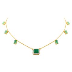 Emerald Charm Necklace in 14K Gold studded with octagon cut emerald and diamonds. This stunning piece of jewelry instantly elevates a casual look or dressy outfit. Emerald enhances intellectual capacity of the person. Designed with octagon cut emerald set in center with halo of diamonds with octagon cut emerald dangling on the chain making a stunning delicate necklace. This beautiful handcrafted necklace is a perfect Unique Gift, Bridal Shower Gift, Secret Santa Gift, Gift For Sister, Mother Dau Luxury Emerald Cut Emerald Necklace With Diamond Accents, Formal Emerald Necklace With Single Cut Diamonds, Elegant Rectangular Emerald Necklace For Formal Occasions, Luxury Emerald-cut Emerald Diamond Necklace, Elegant Rectangular Emerald Necklace For Formal Events, Elegant Octagon Green Necklace, Elegant Green Octagon Necklace, Emerald Set, Dressy Outfit