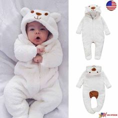 Newborn Baby Romper Jumpsuit Boy Girl Kids Bear Hooded Bodysuit Clothes Outfits Cute Fitted Winter Bodysuit, White Long Sleeve Winter Jumpsuits And Rompers, White Long Sleeve Jumpsuits For Winter, Cute White Onesie For Winter, Cute White Winter Onesie, Cute White Hooded Onesie, Cute White Bodysuit For Winter, White Fitted Winter Onesie, Gothic Baby Clothes