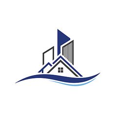 the logo for a real estate agent in blue and gray colors with an image of a house on top of it