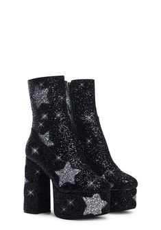 Lamoda x Dolls Kill Sparkly Star Platform Boots - Black/Silver Glitter Knit Toys, Dr Shoes, Funky Shoes, Black Platform Boots, Concert Fits, Toys Dolls, Streetstyle Fashion, Boots Sneakers, Swag Shoes